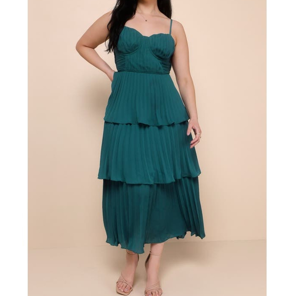 LULU'S S Chiffon Cascading Crush Emerald Green Tier Bustier Midi Dress NEW b23